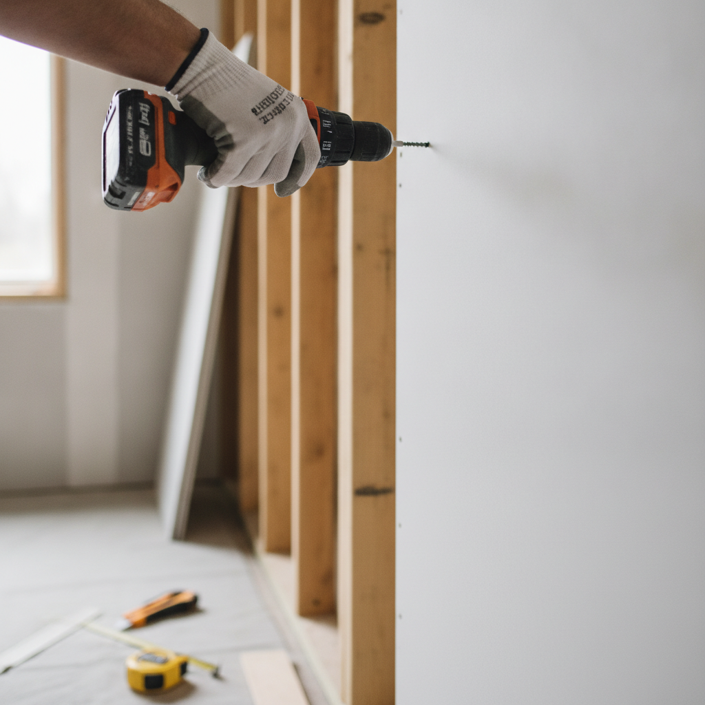 a technician's hand doing Drywall Installation