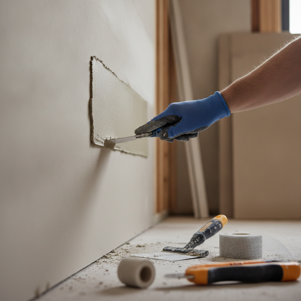 a technician's hand doing Drywall Replacement