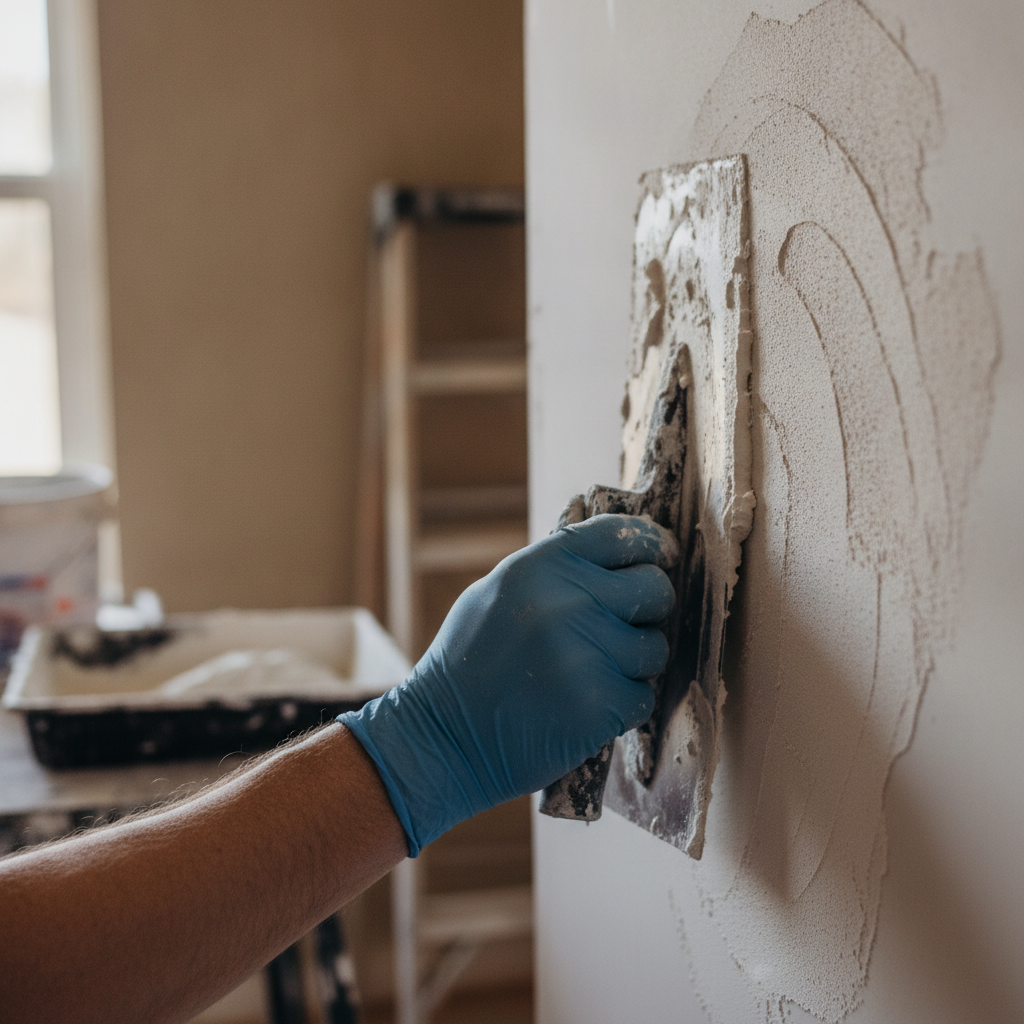 a technician's hand doing Drywall Texturing